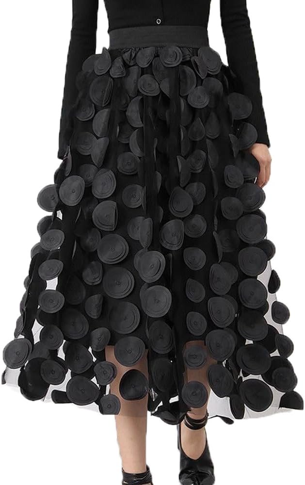 Women Tulle Midi Skirt High Elastic Waist 3D Polka Dot Mesh Skirt A-Line Layered Bubble Skirt Graduation Dress - Image 2