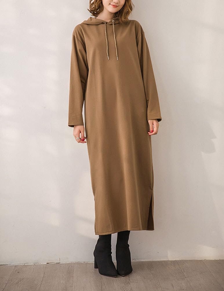 Women's Basic Solid Long Sleeve Sweatshirt Hoodie Maxi Dress With Pockets - Image 2
