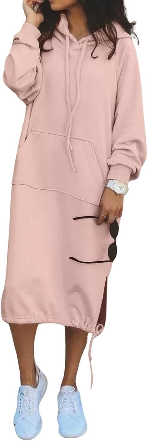 Women's Casual Loose Solid Color Drawstring Hoodie Fall Warm Cotton Sweatshirt Maxi Dress with Pocket