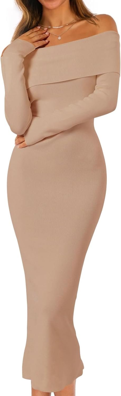 Women's Fall Off Shoulder Bodycon Sweater Dress Formal Long Sleeve Elegant Cocktail Party Maxi Dresses