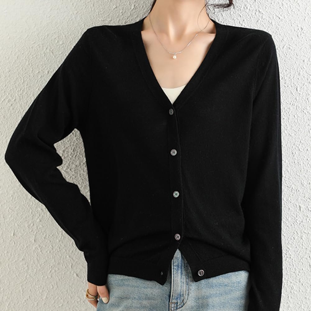 Women's 100% Merino Wool Lightweight V-Neck Cardigan Sweater Button Down Long Sleeve Knitwear Outwear Tops - Image 2