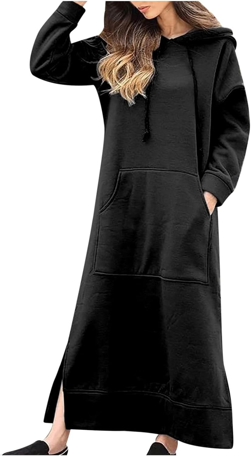 Women Hooded Maxi Dress Casual Loose Sweatshirt Long Dress Winter Fall Drawstring Slit Hoodie Dresses with Pocket