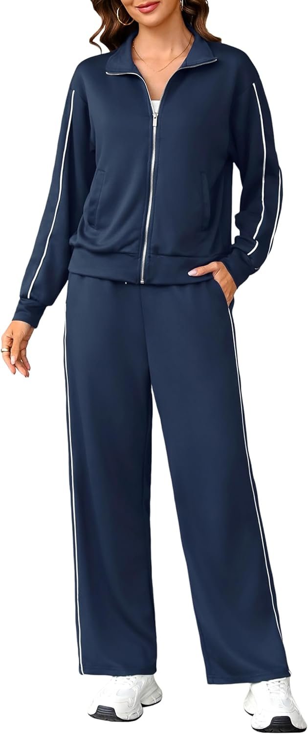 Women 2 Piece Lounge Sets Sweatsuit 2025 Fall Long Sleeve Zip Up Sweatshirt Wide Leg pants Tracksuit Travel Outfits - Image 2