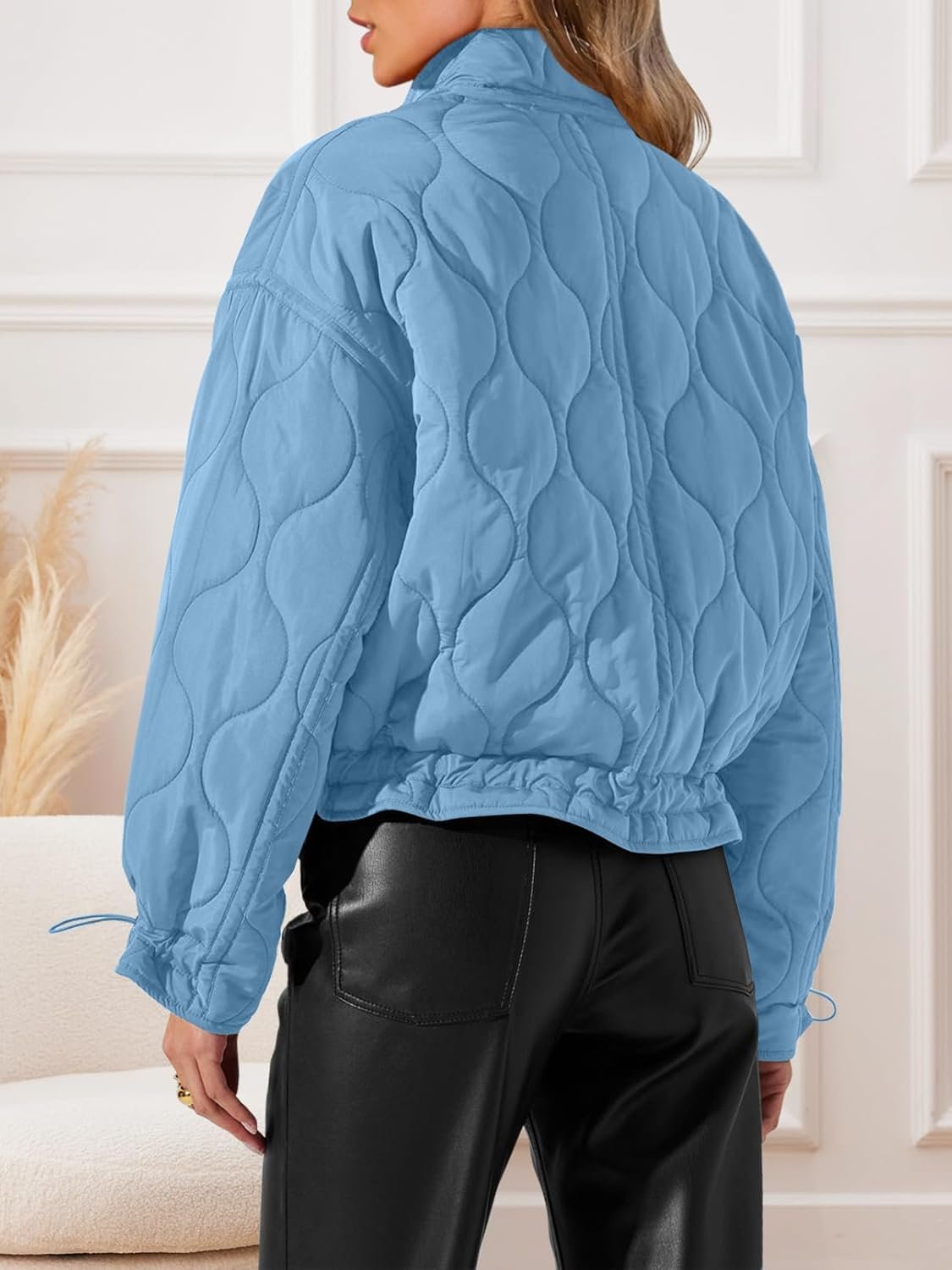 Women's Cropped Zip-Up Bomber Jackets Warm Quilted Long Sleeve Stand Neck Winter Coats - Image 2