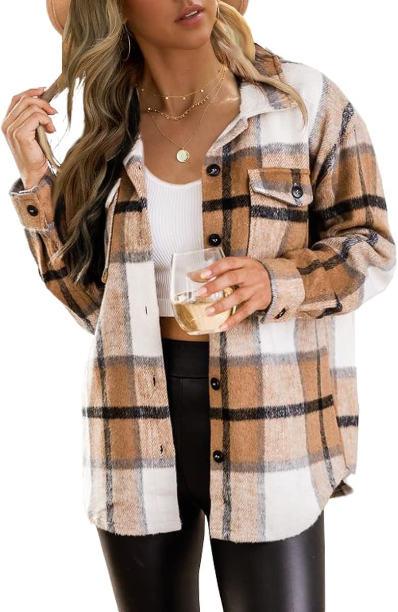 Womens Flannel Shacket Casual Jacket Plaid Button Down Long Sleeve Shirt Fall Winter Outfits