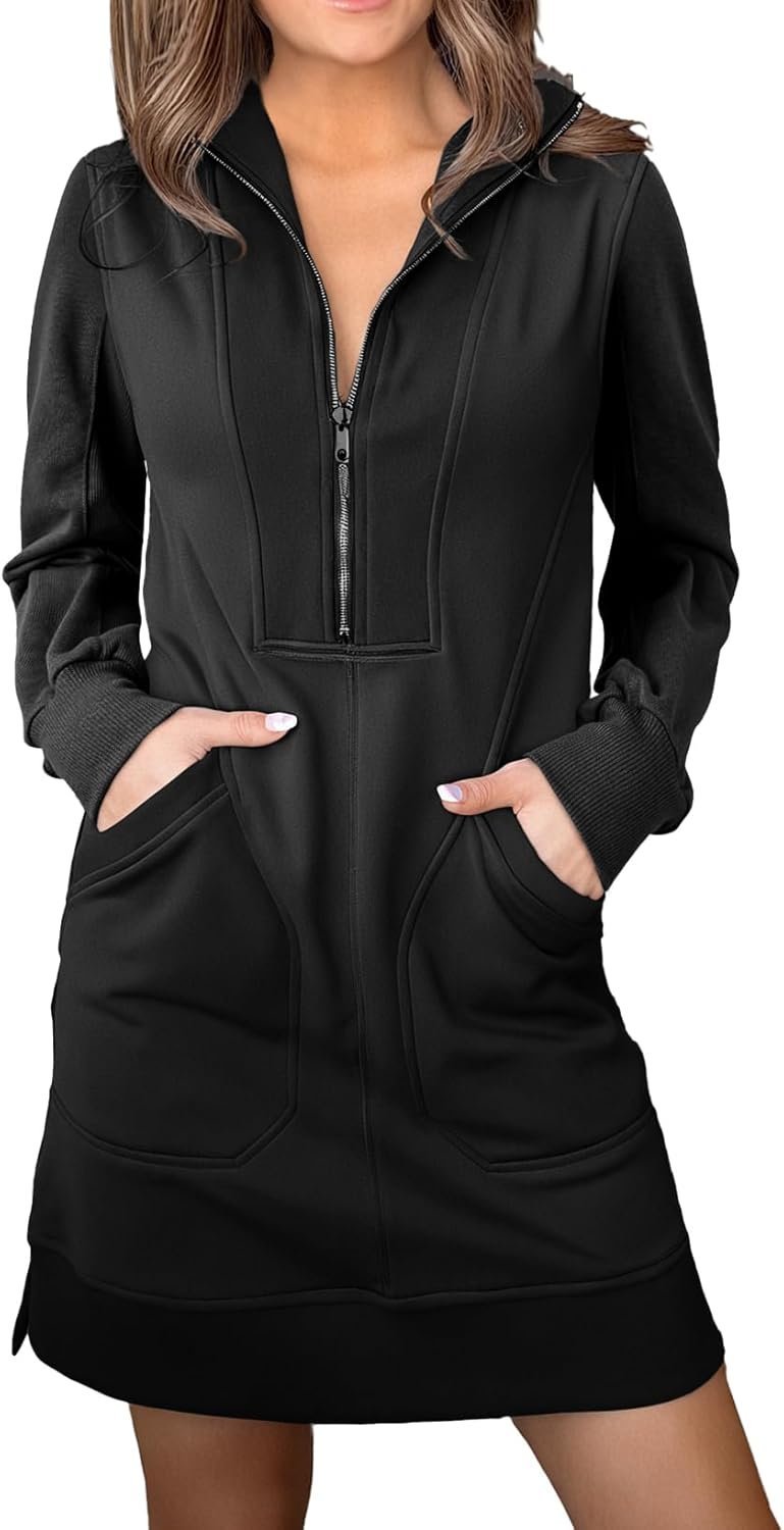 Sweatshirt Dress for Women Fall Winter Casual Long Sleeve Half Zip V Neck Pullover Tunic Tops Mini Dress with Pockets