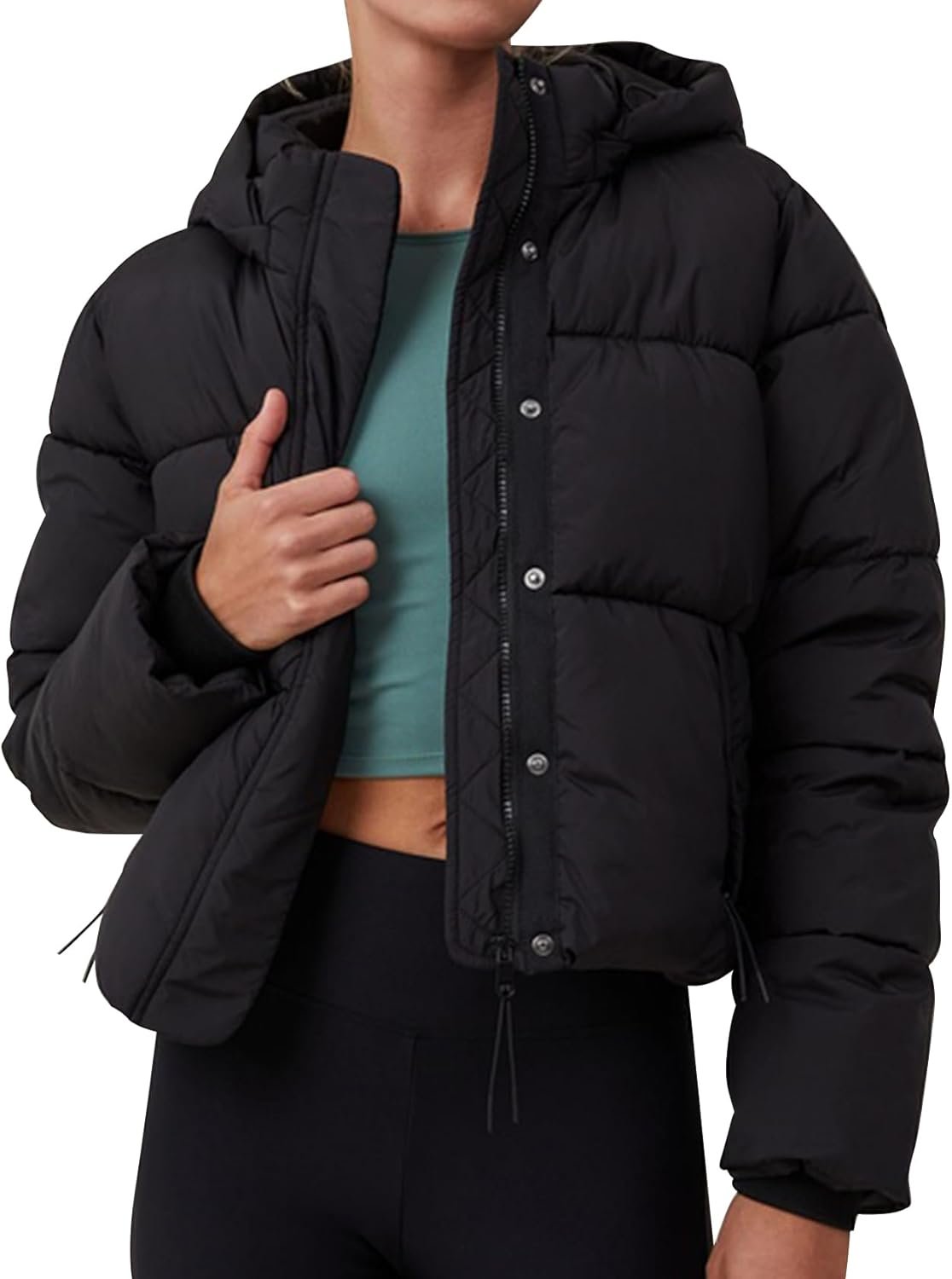 Women's Winter Cropped Puffer Jacket, Full Zip Thicken Short Coat with Detachable Hood