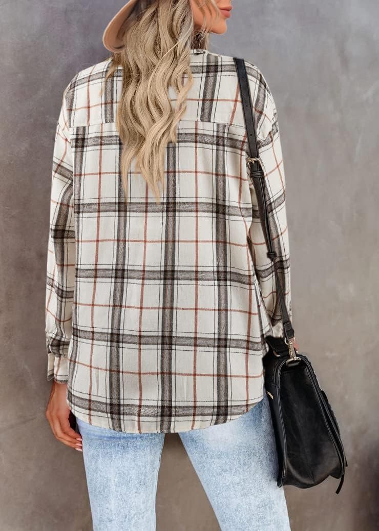 Womens Long Sleeve Plaid Shirts Flannel Collared Button Down Shackets Casual Rolled Up Boyfriend Blouses Tops - Image 2