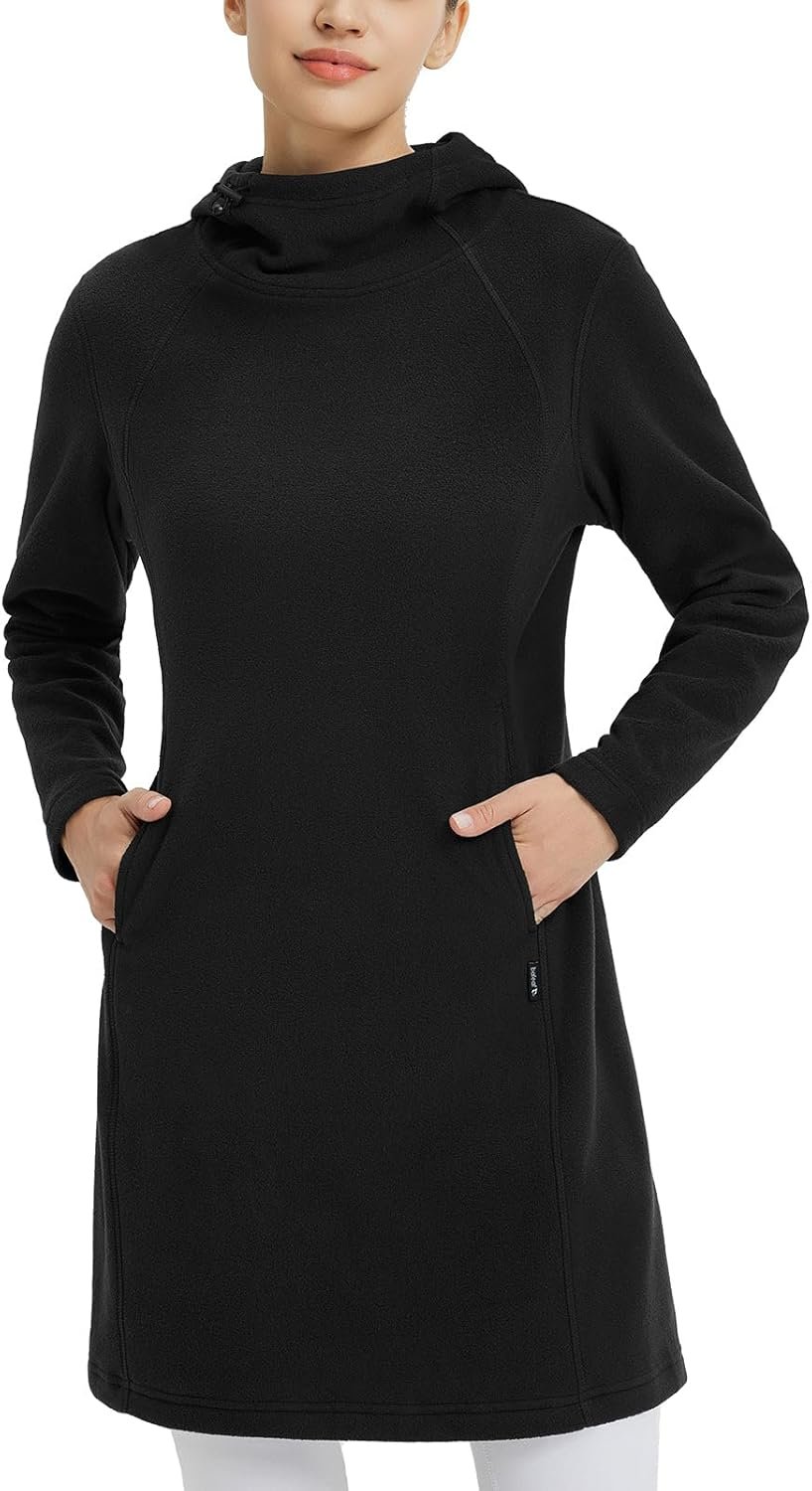 Women's Fleece Sweatshirt Dress Thermal Long Winter Fall Tunic Dresses Outfits with Pocket Hooded Pullover