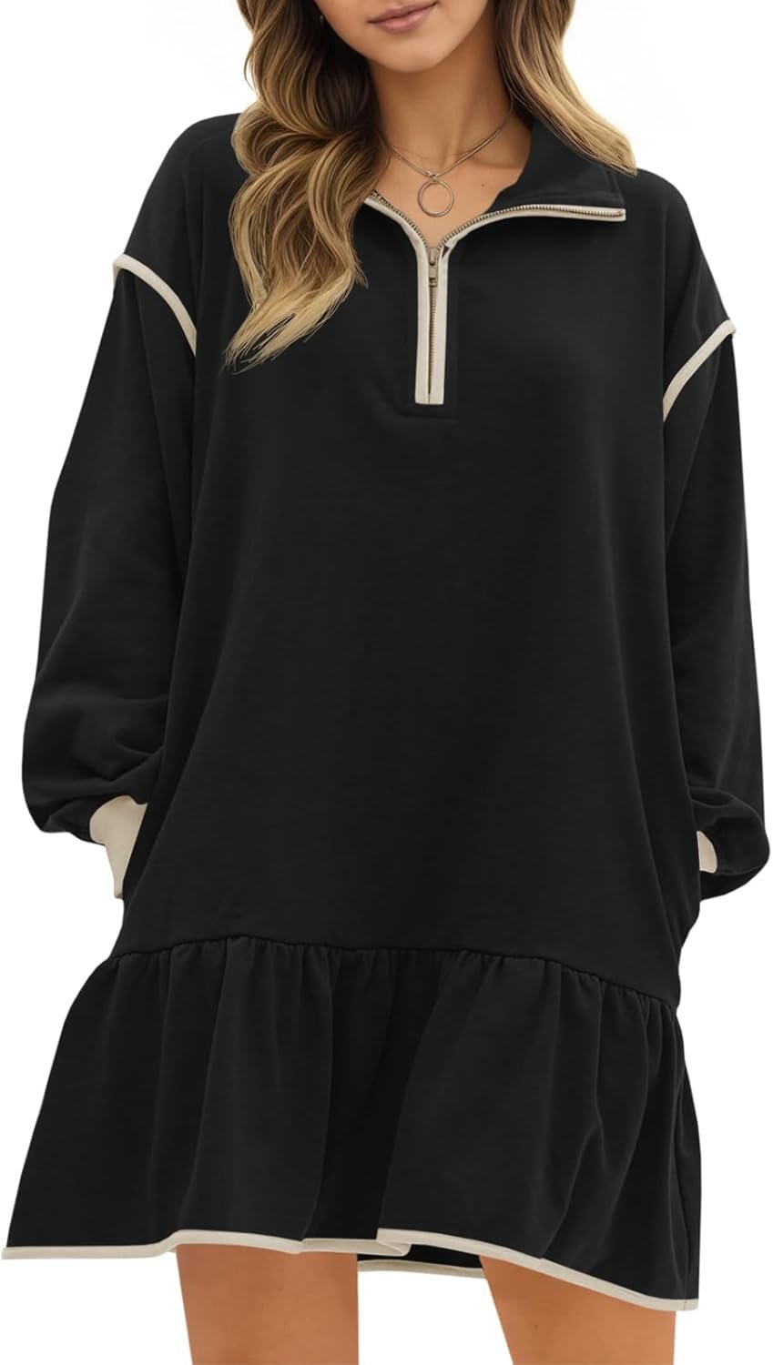 Womens 2025 Fall Oversized Sweatshirt Dress Casual Long Sleeve Quarter Zip Ruffle Hem Pullover Mini Dresses