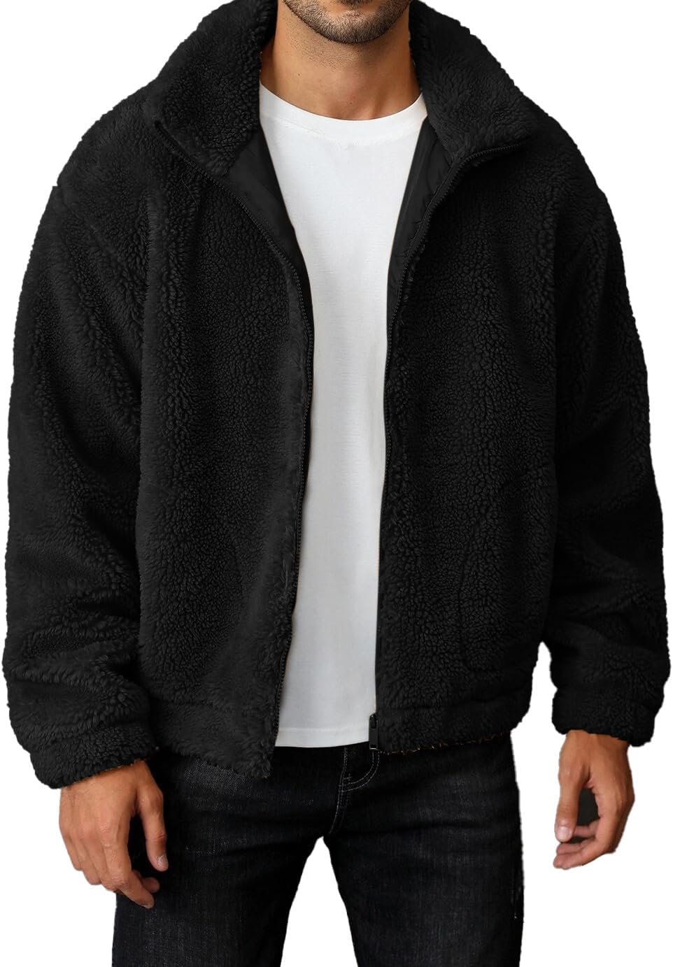 Mens Fuzzy Jacket Long Sleeve Fleece Zip Up Coat Fall Winter Warm Outwear