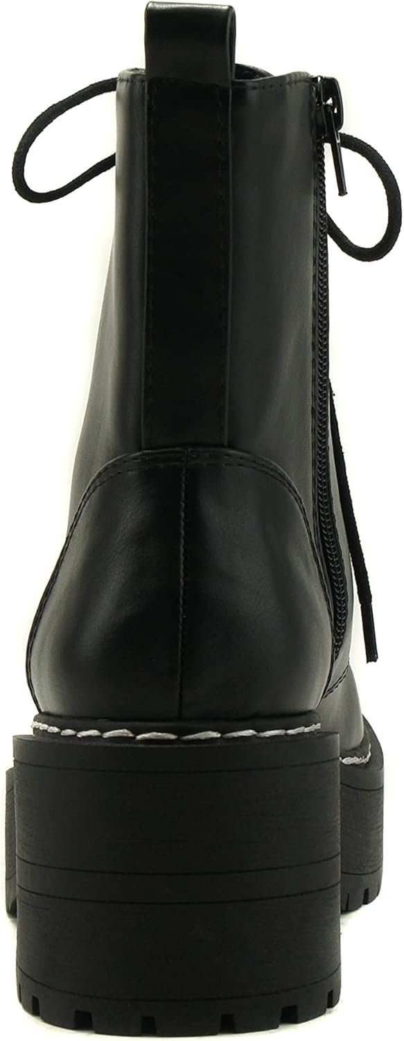 Women Chunky Lug Sole Lace up Fashion Combat Ankle Boot w/Side Zipper - Image 2