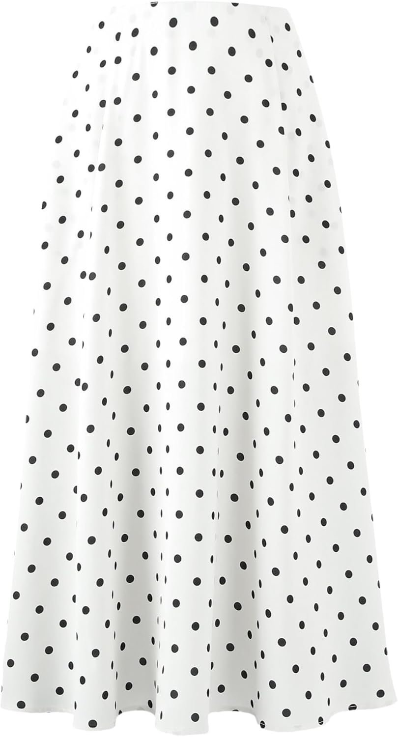 Women's Elegant Polka Dots A-Line Maxi Skirts Flowy High Waisted Cocktail Formal Business Long Skirt with Pocket