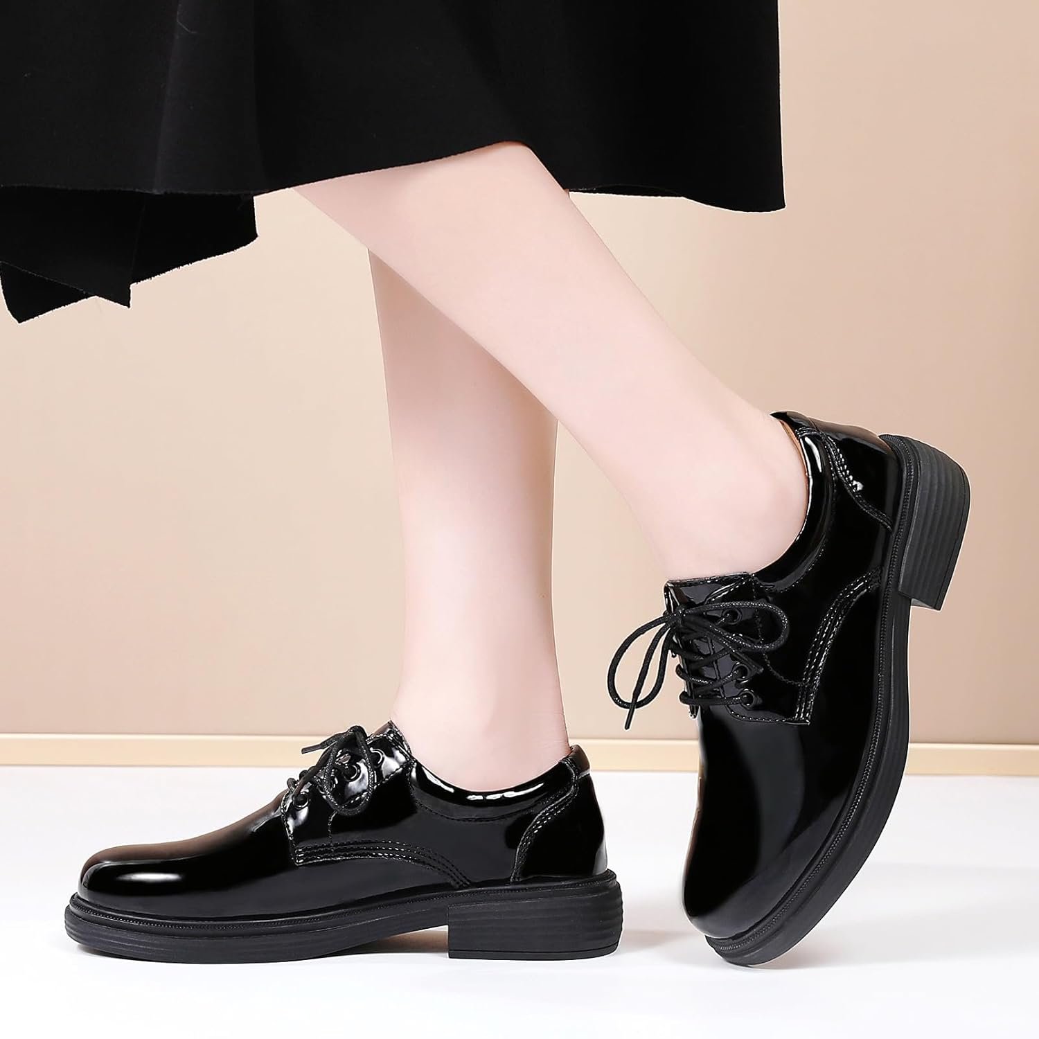 Oxford Shoes for Women, Black Womens Oxford Shoes Leather Platform Women's Oxfords Comfortable Dressy Slip On, Lace Up Loafers Casual Work Business Dress Office Oxfords Shoes - Image 2
