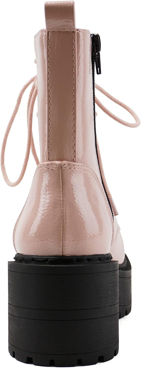 Women Chunky Lug Sole Lace up Fashion Combat Ankle Boot w/Side Zipper - Image 2
