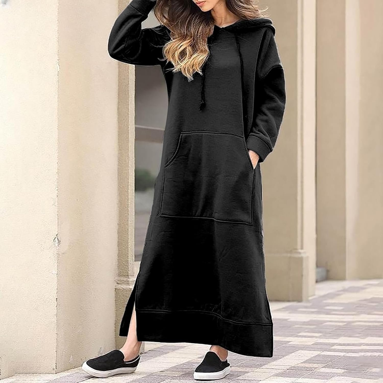Women Hooded Maxi Dress Casual Loose Sweatshirt Long Dress Winter Fall Drawstring Slit Hoodie Dresses with Pocket - Image 2