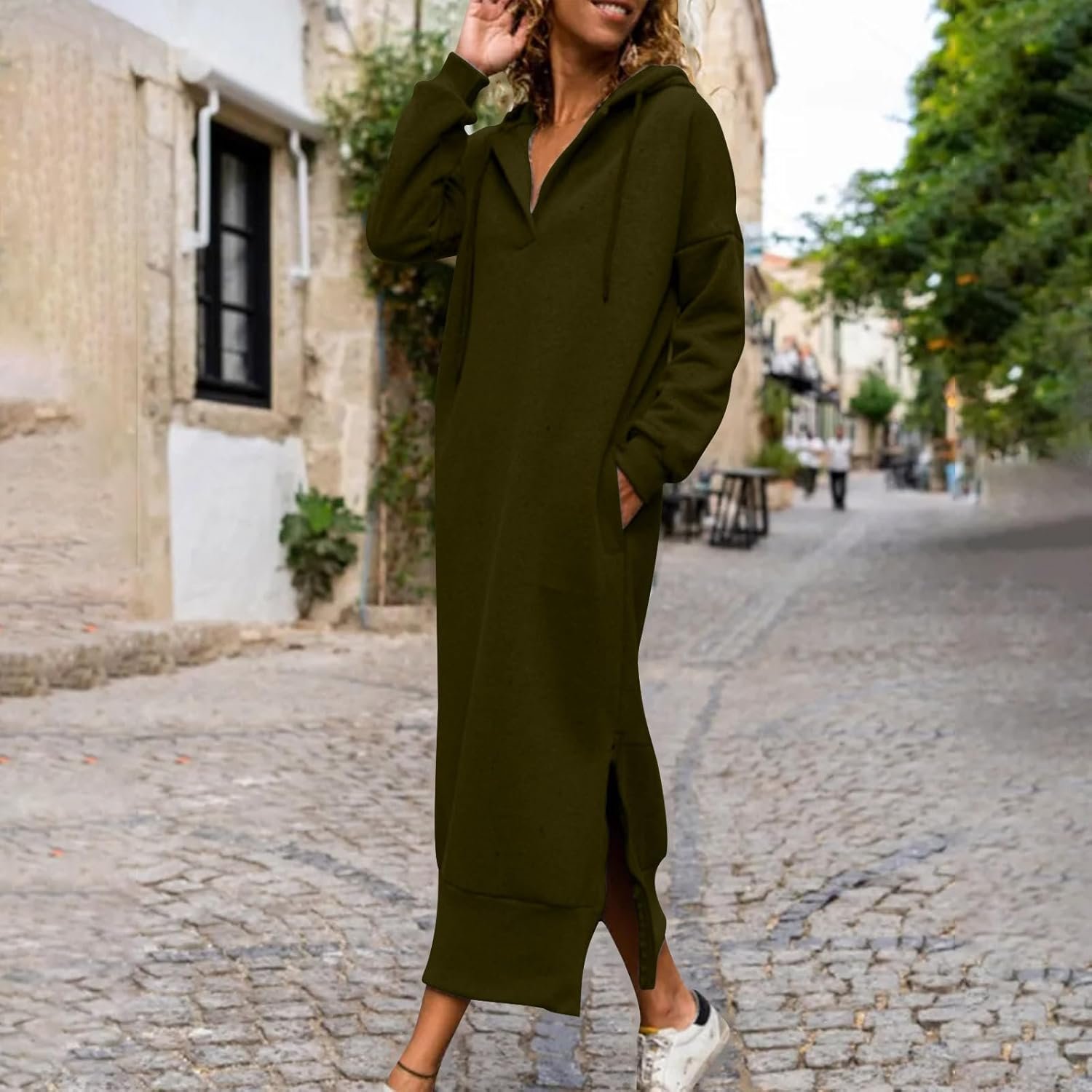 Women Hoodies Maxi Dress Long Sleeve Drawstring Slit Casual Loose Hooded Sweatshirt Fall Solid Dresses with Pocket - Image 2