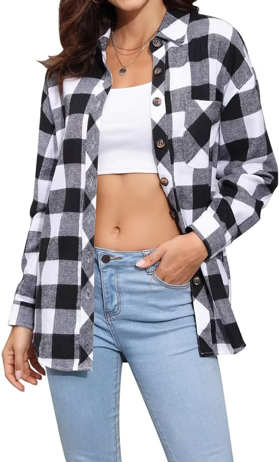 Womens Plaid Flannel Shirt Long Sleeve Collar Button Down Blouses Tops - Image 2