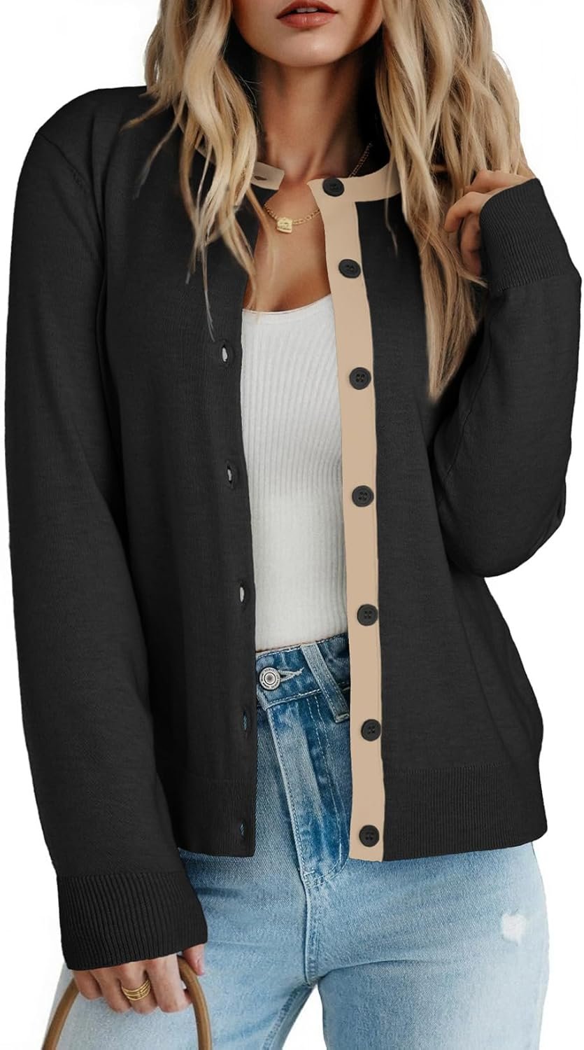 Women's Wool Button Down Lightweight Cardigans Long Sleeve Casual Crew Neck Soft Knit Cardigan Sweaters Tops