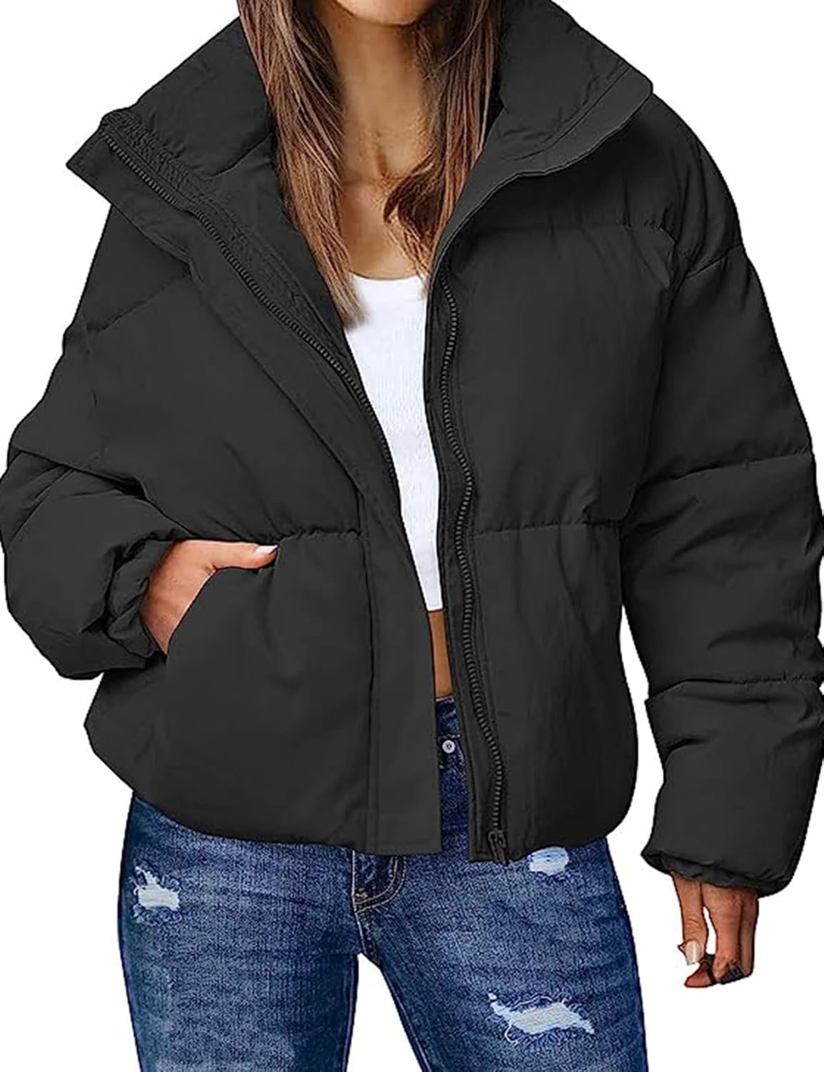 Women's Winter Cropped Puffer Jacket Zip Long Sleeve Warm Short Coats Stand Collar Quilted Jacket with Pockets