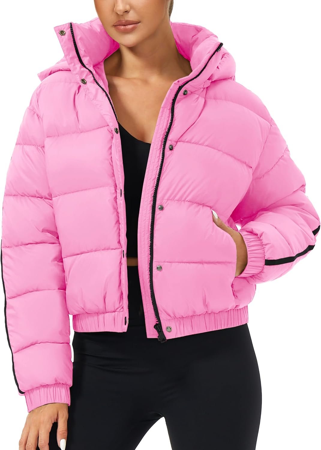 Women's Cropped Puffer Jacket Hooded Quilted Contrast Trim Short Down Coats Outerwear Winter Outfits