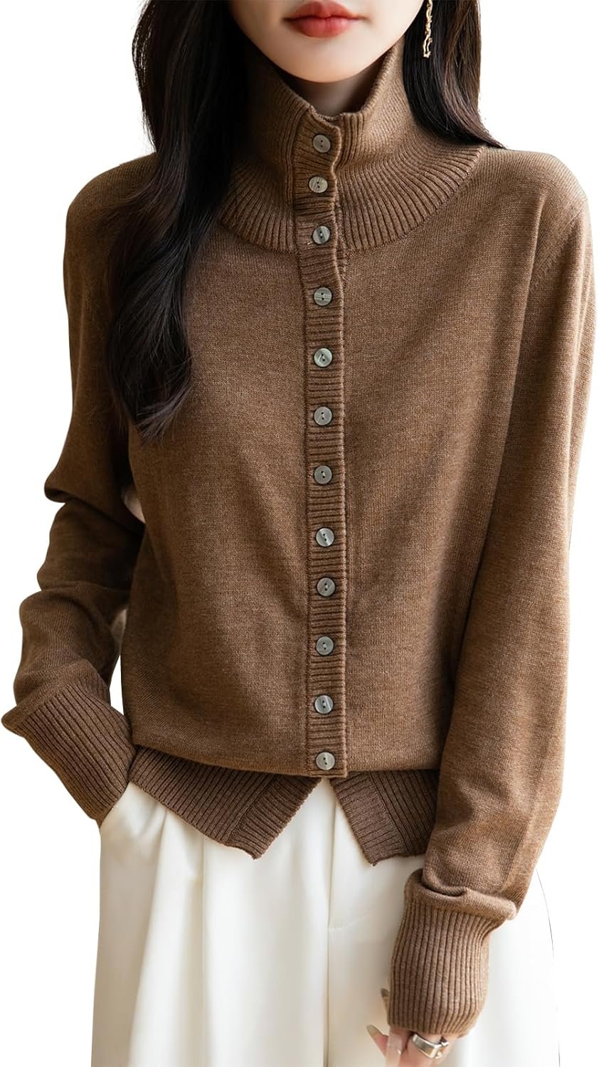 Women's Merino Wool Blend Cardigan 2025 Fall Winter Casual Mock Neck Long Sleeve Knit Cardigan with Buttons