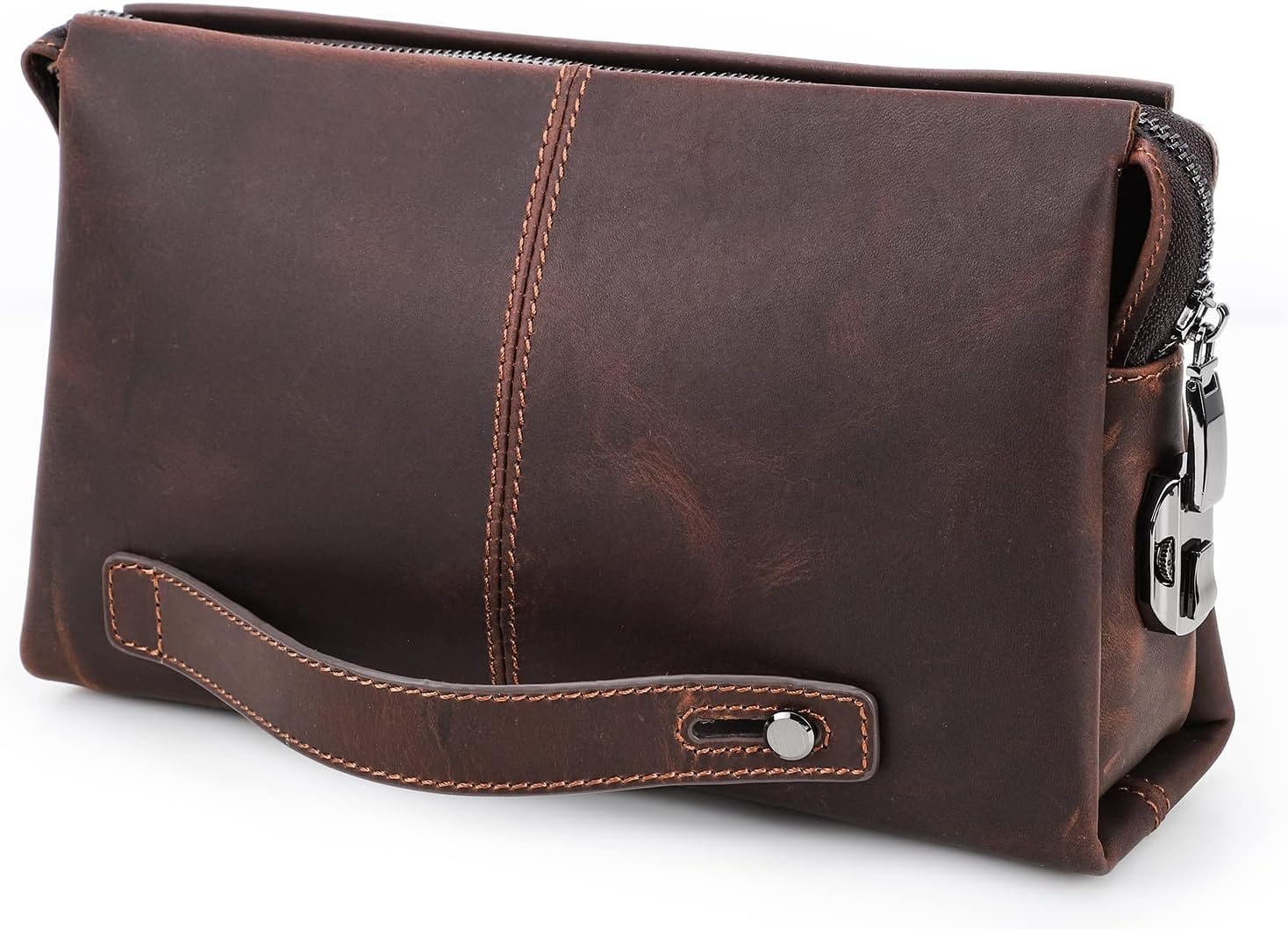 Mens Clutch Bag with Lock Genuine Leather Travel Clutch Wallet Large Anti Theft Purse with Handle