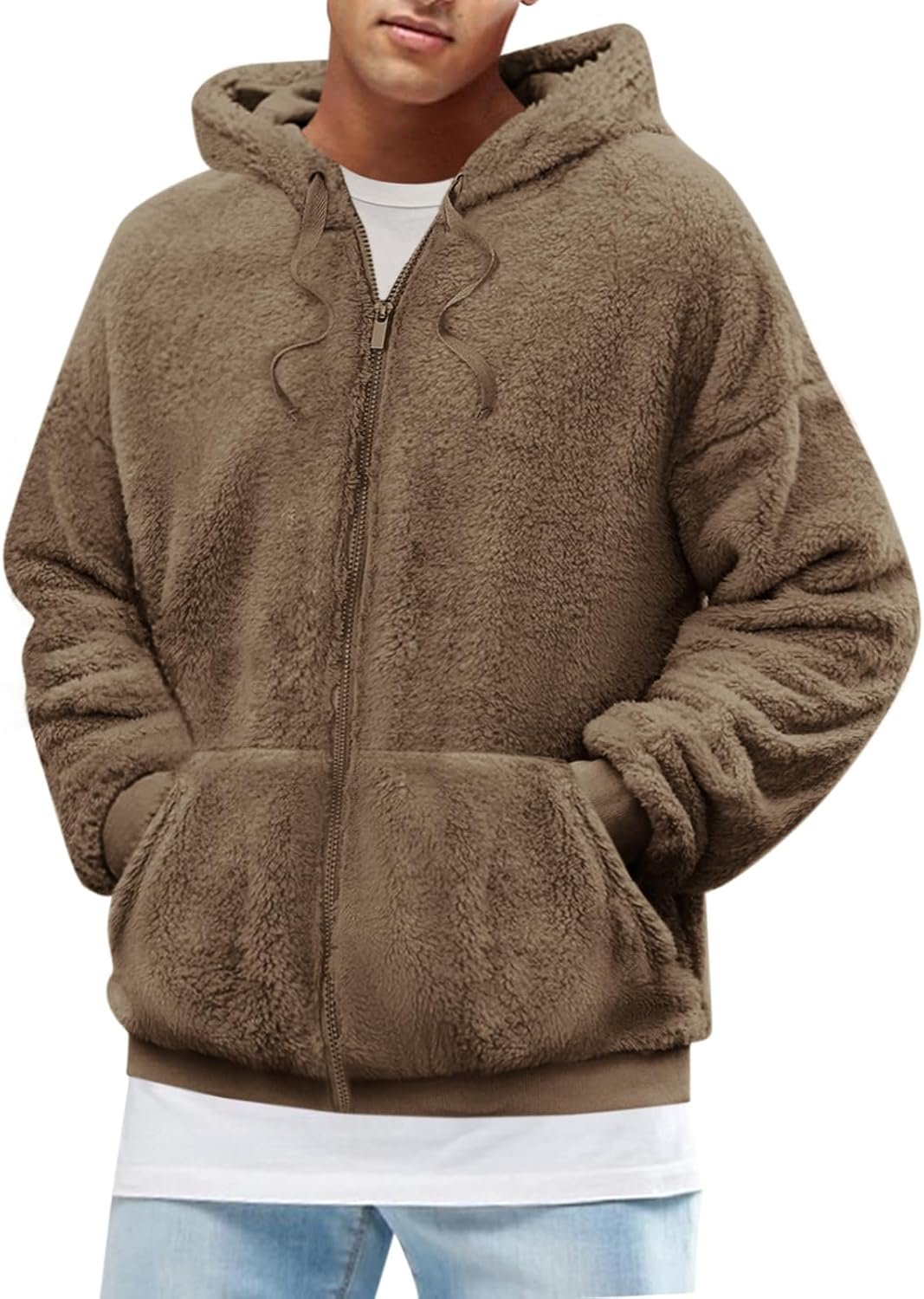 Men's Fuzzy Athletic Hoodie Heavyweight Fleece Jacket Zip Up Hooded Sweatshirt Sports Coat