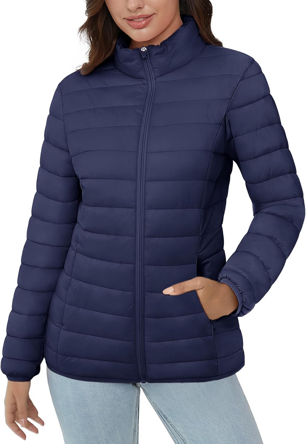 Women's Puffer Jacket Lightweight Quilted Padded 4 Pockets Zip-up Stand-collar Winter Fleece Coat