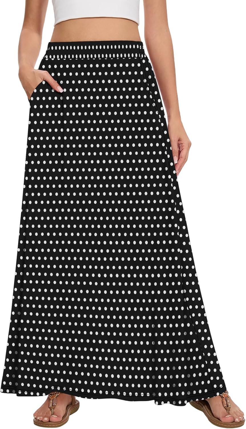 Womens Maxi A-line Long Skirt Casual 2025 Elastic High Waist Flowy Skirts with Pockets