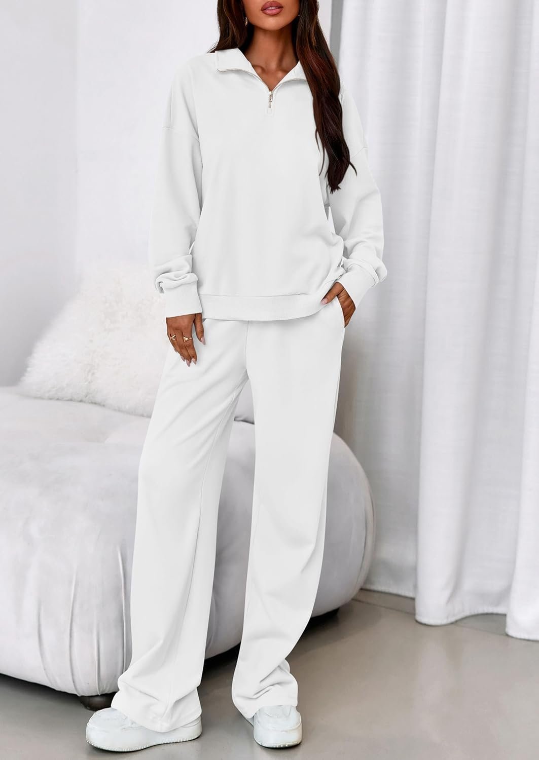 Womens Casual Two Piece Sets Fall 2025 Outfits Quarter Zip Sweatshirts Straight Leg Pants Sweatsuits Tracksuit - Image 2