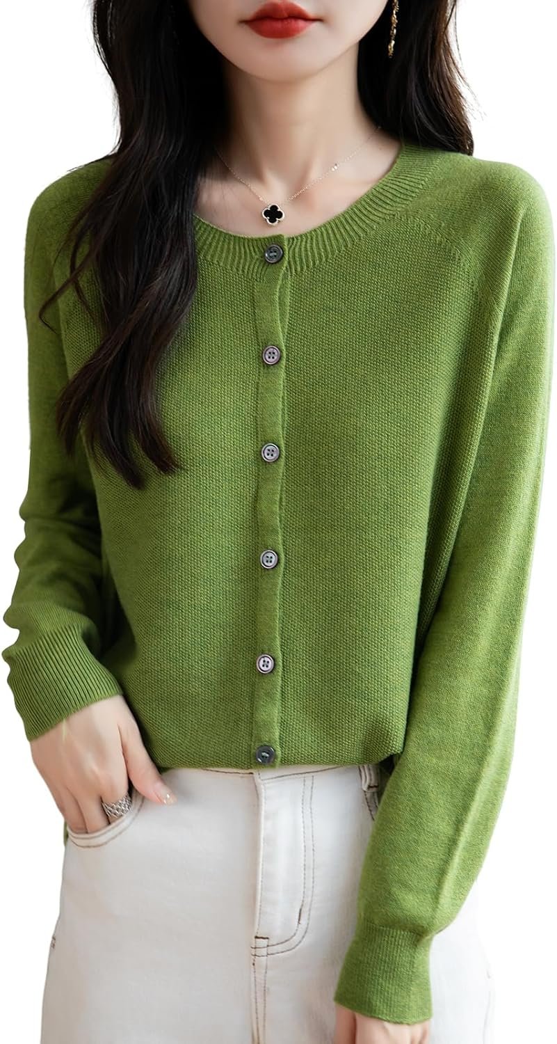 Women's Merino Wool Blend Cardigan Crew Neck Fall Winter Long Sleeve First-Line Ready to Wear Seamless Knit