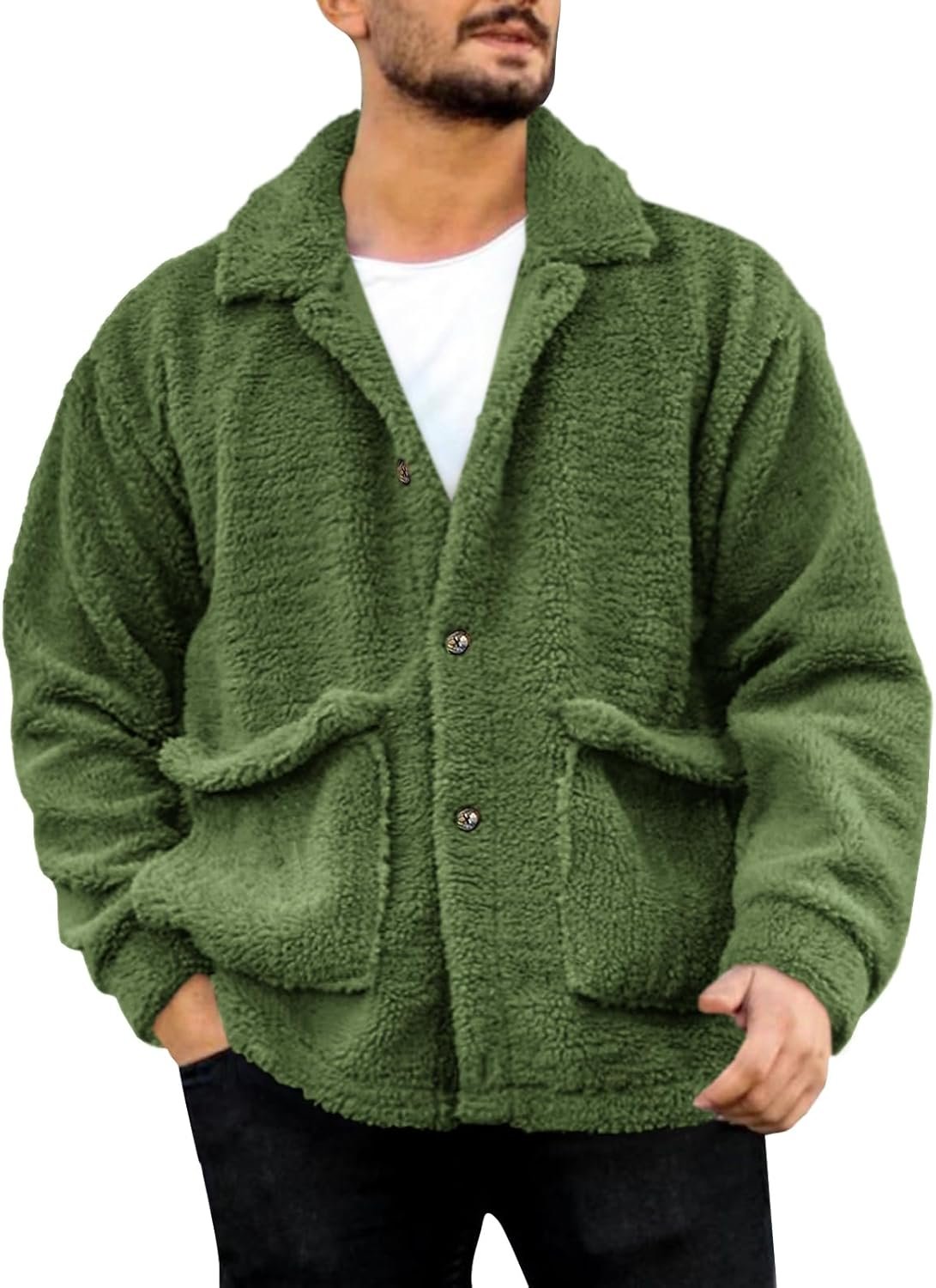 Mens Fuzzy Jacket Fleece Long Sleeve Button Down Coat Fall Winter Warm Outwear