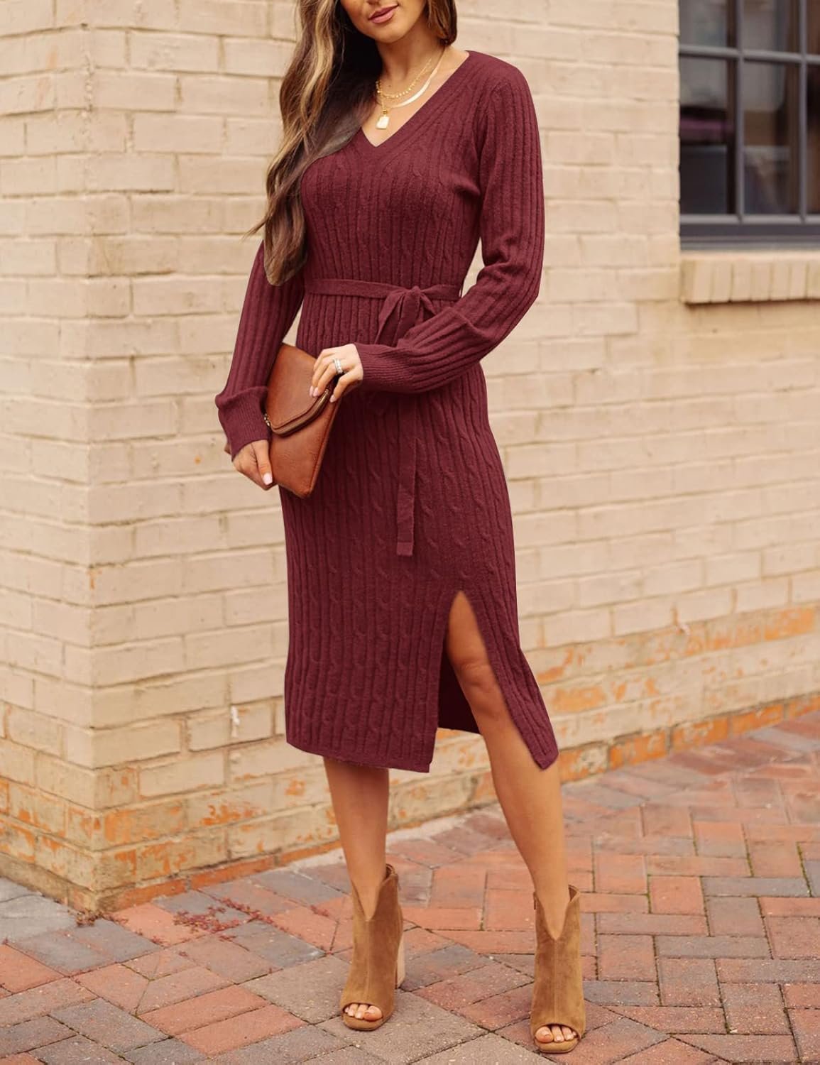 Women's V Neck Cable Knit Sweater Dress Long Sleeve Bodycon Slit Pullover Dress with Belt - Image 2