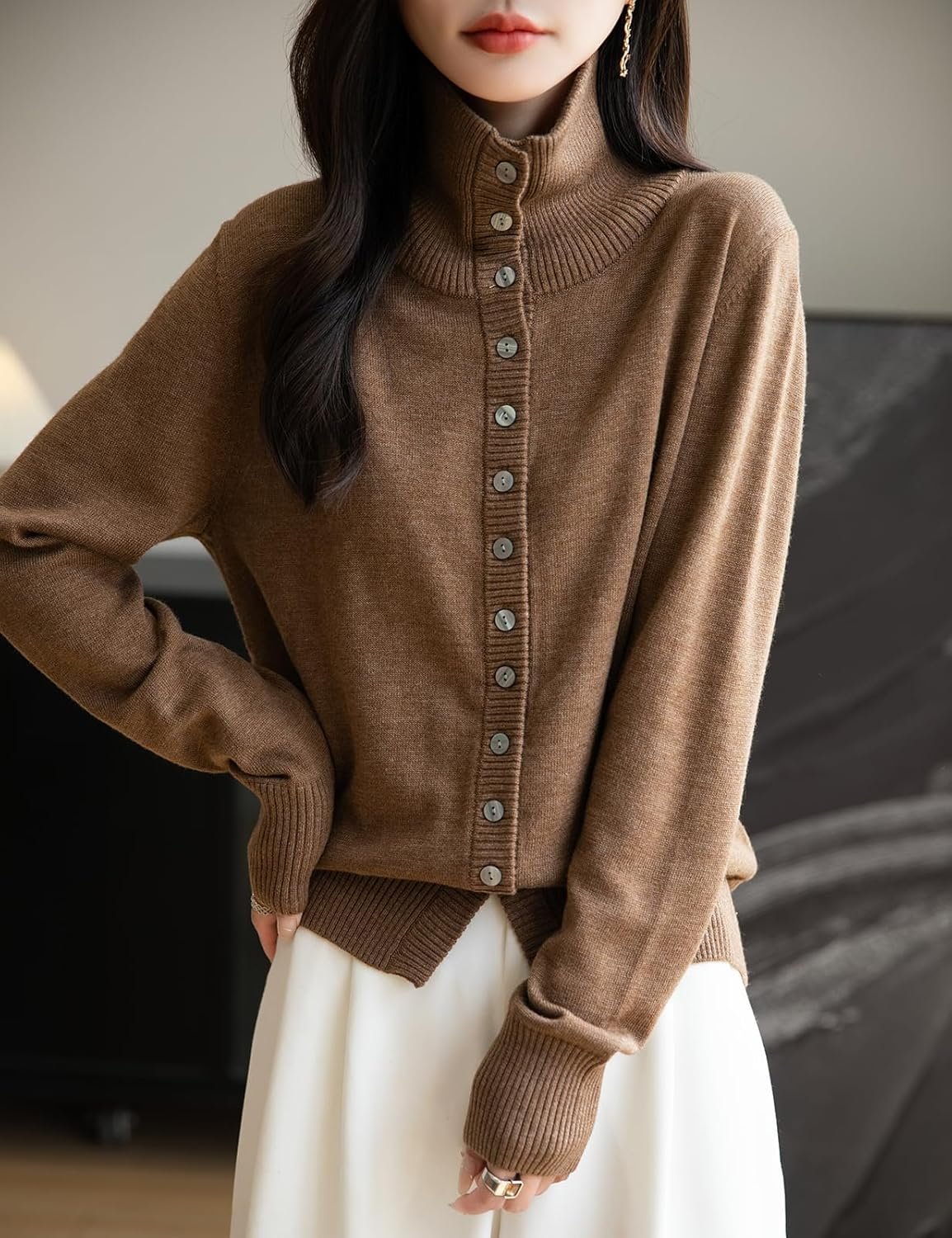 Women's Merino Wool Blend Cardigan 2025 Fall Winter Casual Mock Neck Long Sleeve Knit Cardigan with Buttons - Image 2