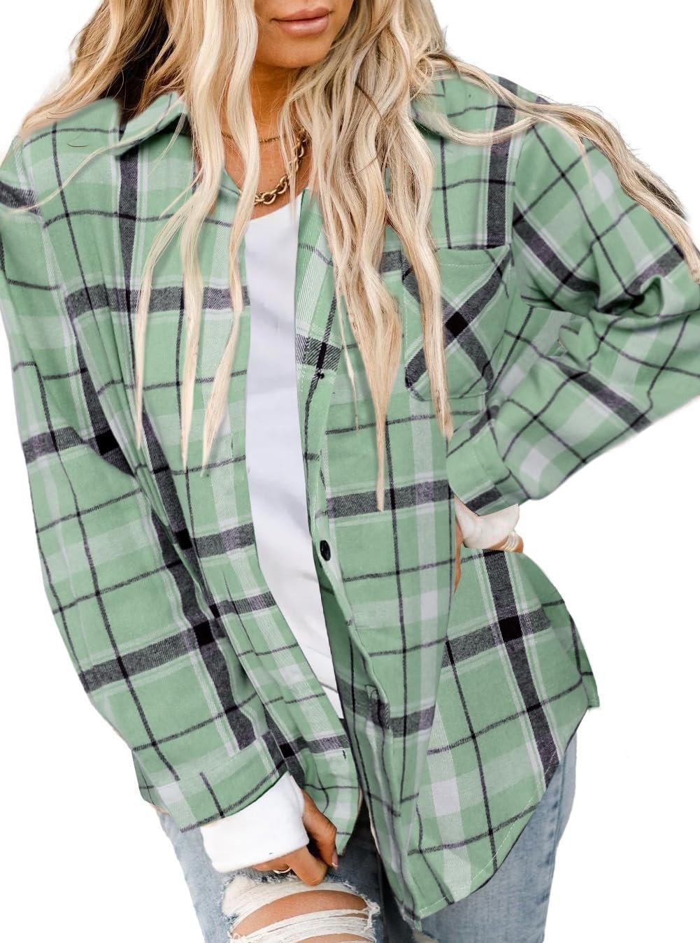 Womens Plaid Flannel Shirt Long Sleeve Collar Button Down Blouses Lightweight Tops (S-2XL)