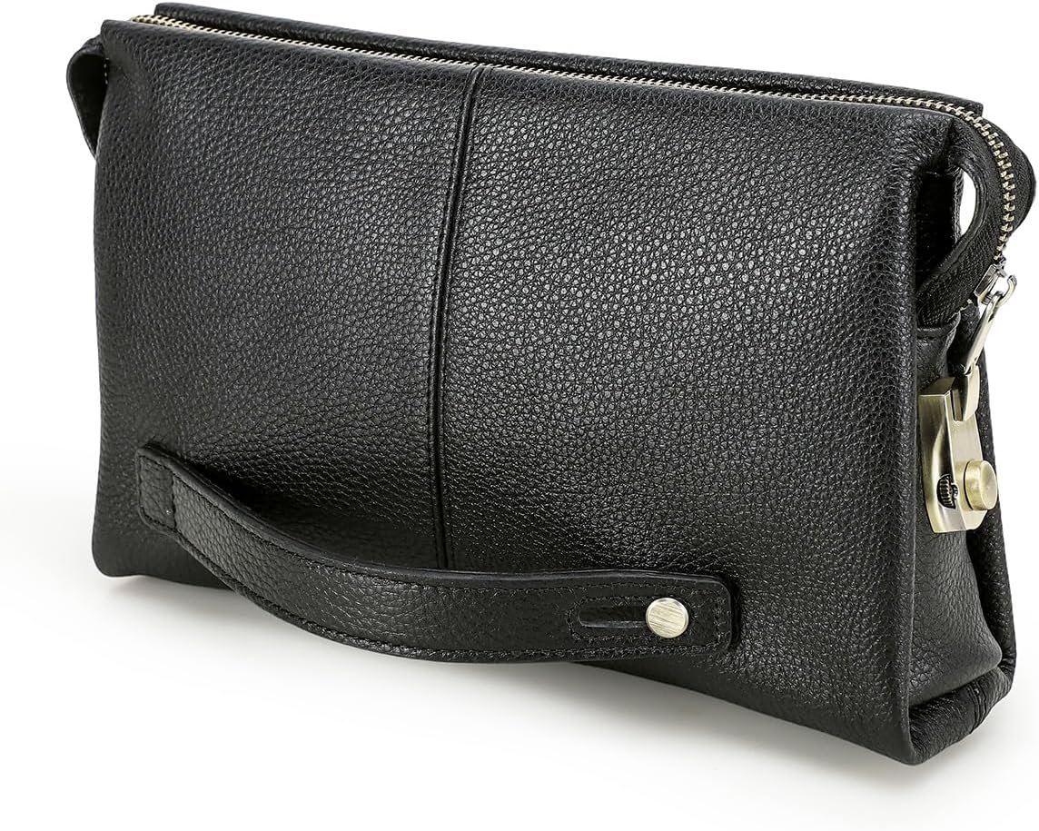 Mens Clutch Bag with Lock Genuine Leather Travel Clutch Wallet Large Anti Theft Purse with Handle