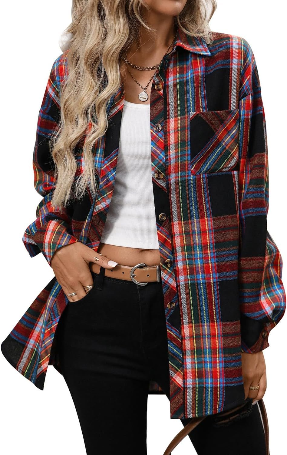 Womens Oversized Flannel Shirts Button Down Long Sleeve Plaid Shirt Business Casual Blouse Top