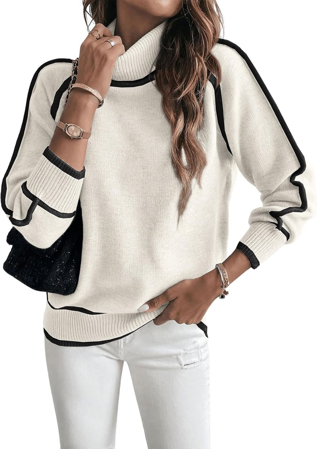 Fall Sweaters for Women Trendy 2025 Cute Cozy Turtleneck Long Sleeve Colorblock Knitted Pullover Tops - Image 2