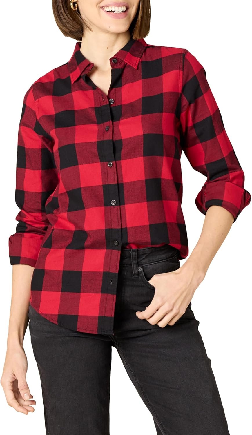 Womens Regular-Fit Long-Sleeve Lightweight Plaid Flannel Shirt