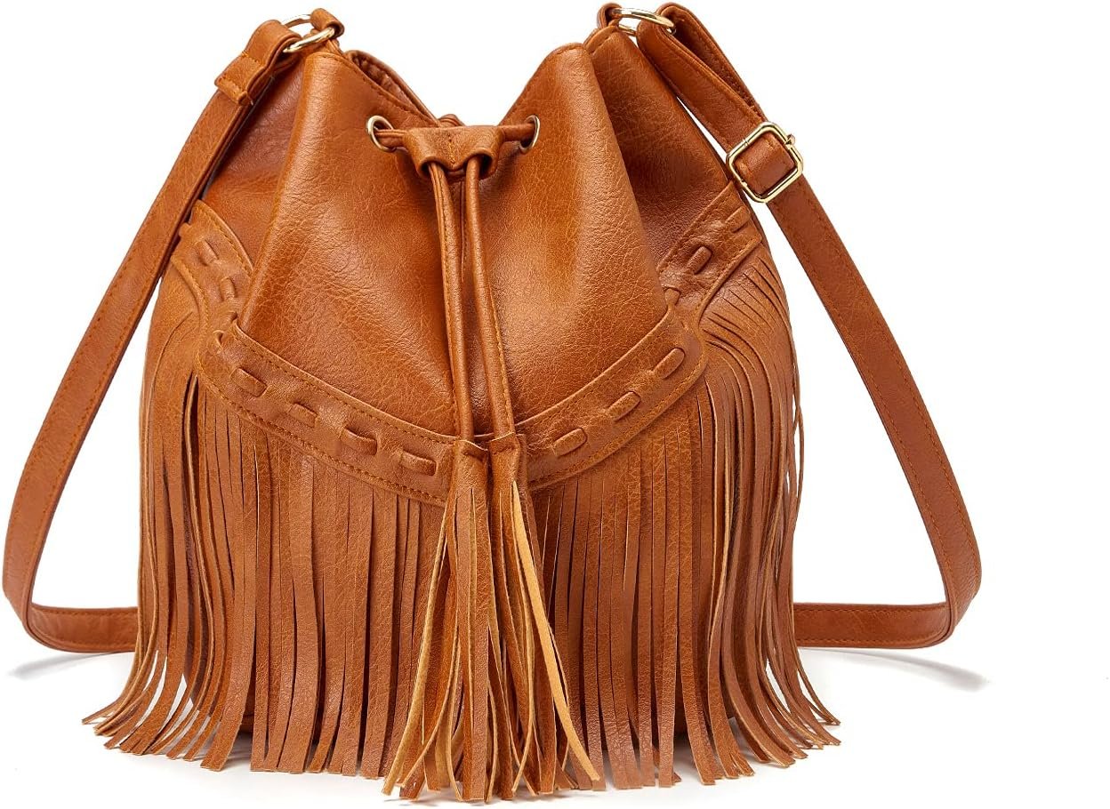 Leather Bucket Bags for Women Crossbody Fringe Purses with Drawstring Ladies Tassel and Shoulder Handbags