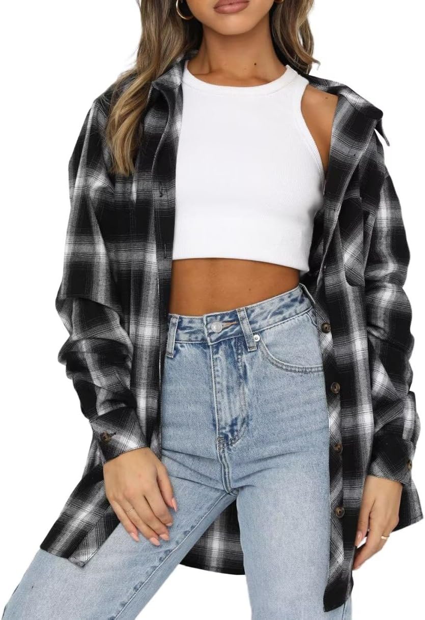 Womens Plaid Flannel Shirt Long Sleeve Collar Button Down Blouses Tops