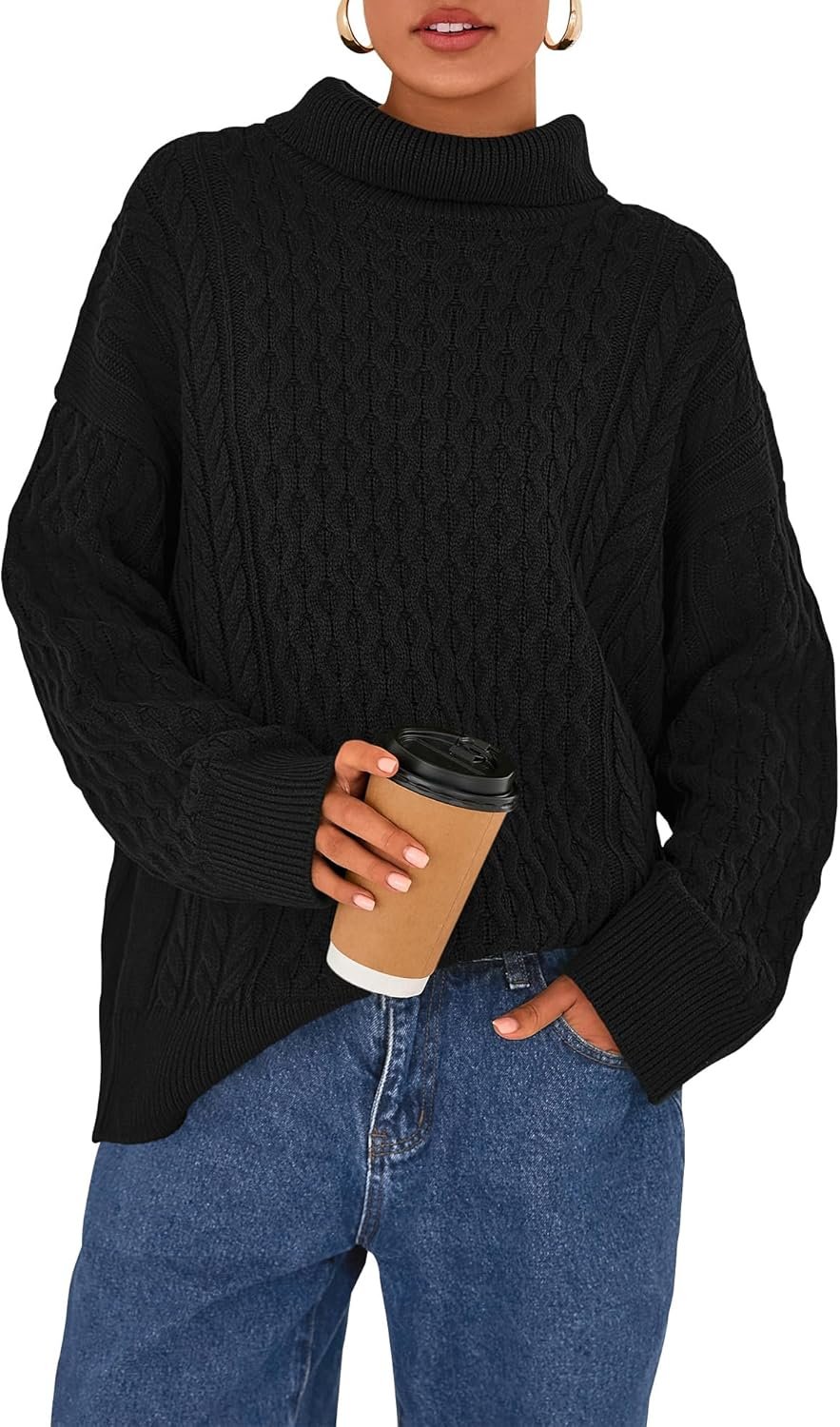 Casual Women Fall Sweaters 2025 Long Sleeve Turtleneck Ribbed Knit Pullover Loose Cable Knit Sweater