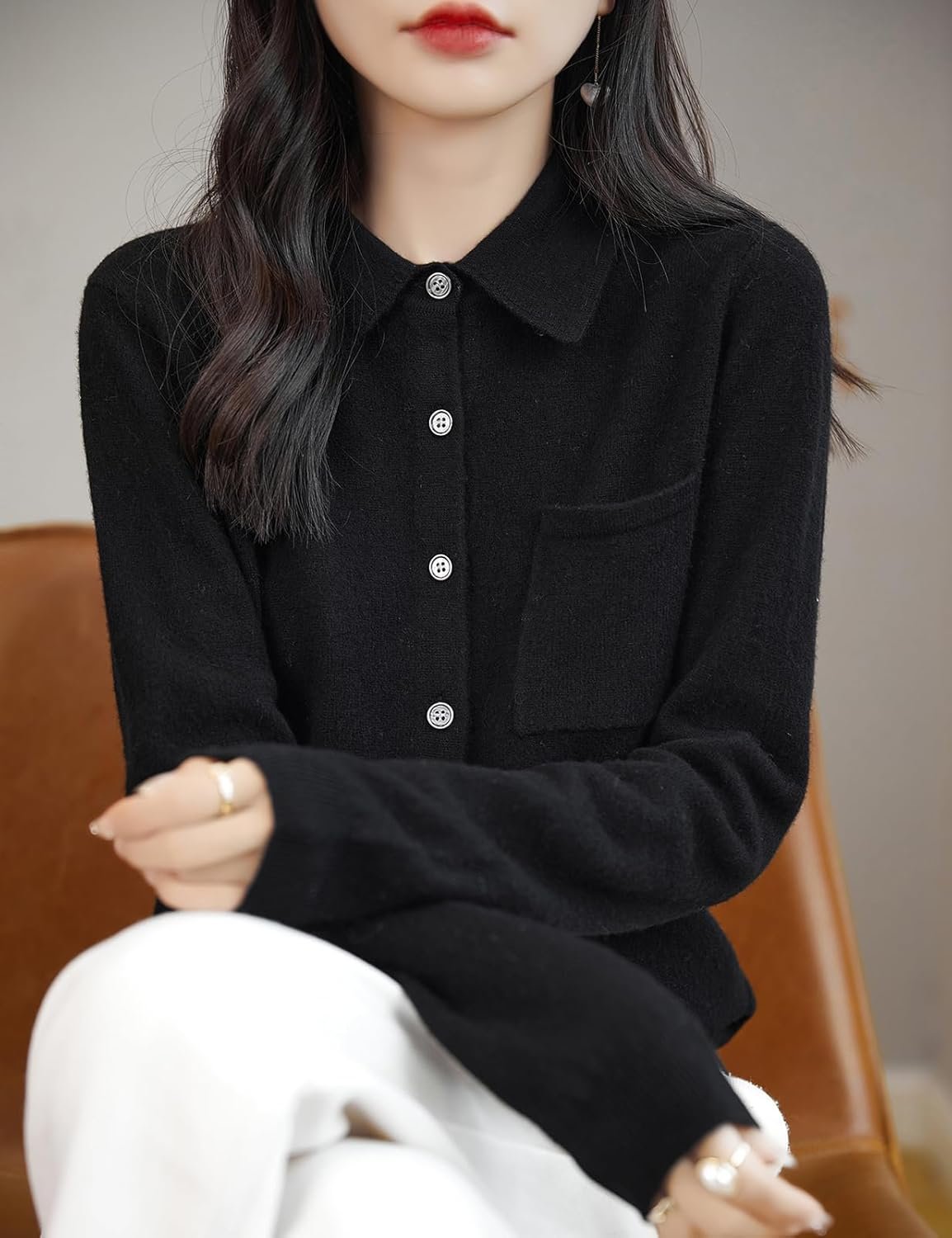 Women's Polo Neck 100% Merino Wool Sweater 2025 Spring Basic Long Sleeve Knitted Cardigan Sweater with Pocket - Image 2