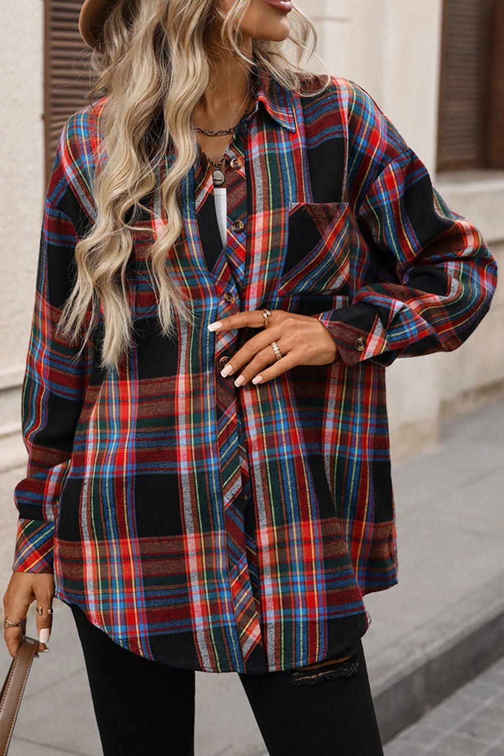 Womens Oversized Flannel Shirts Button Down Long Sleeve Plaid Shirt Business Casual Blouse Top - Image 2
