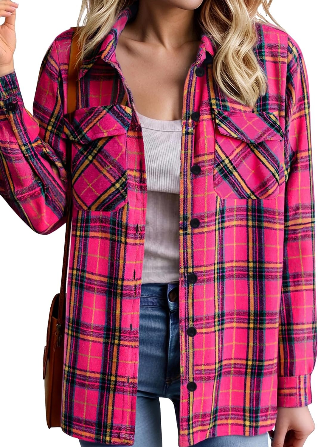 Womens Button Down Flannel Shirts Long Sleeve Plaid Blouses Lightweight Business Dressy Casual Top with Pockets