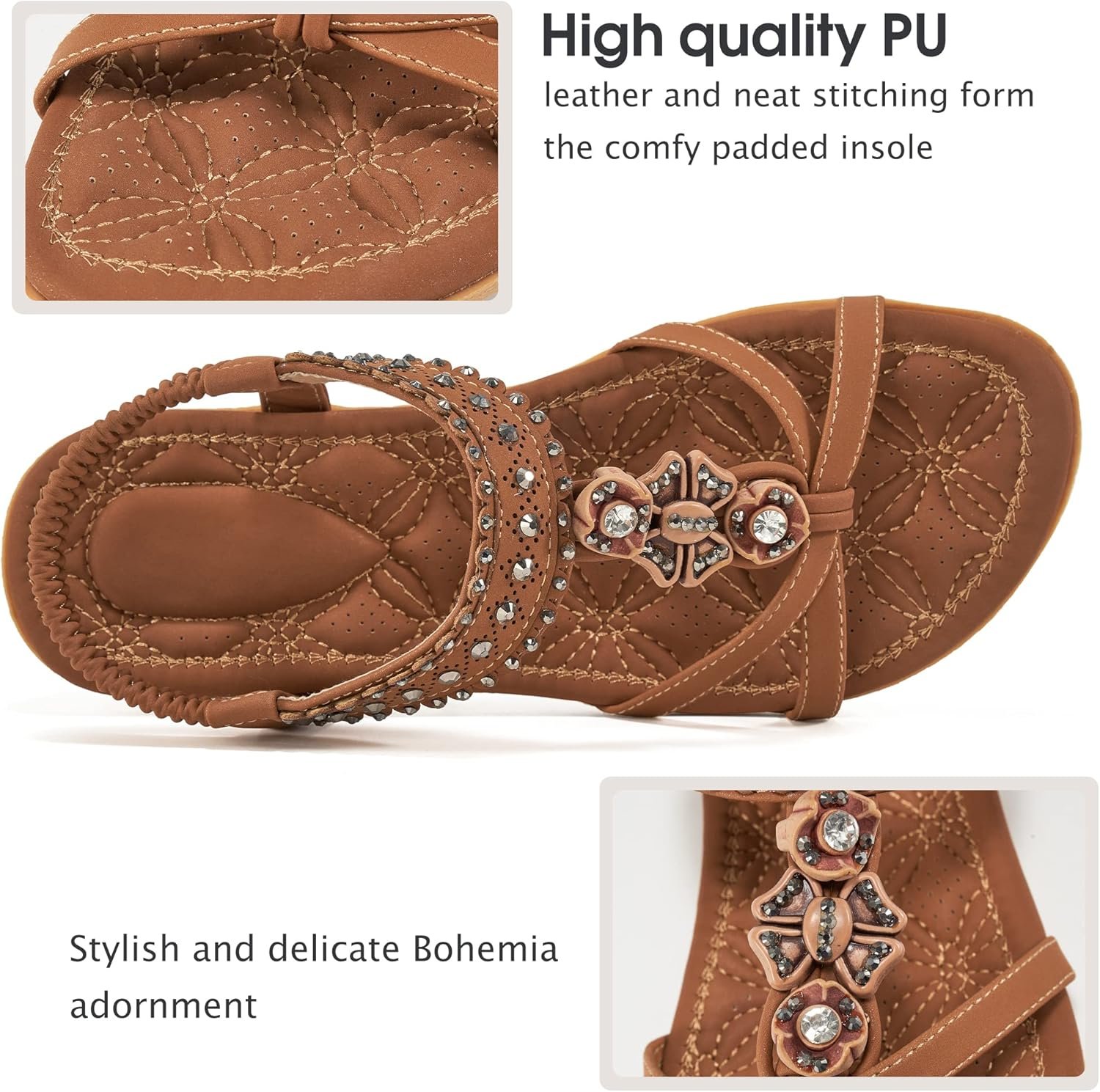 Women Sandals Shoes Comfort Walking with Non Slip on Casual Summer Beach Shoes Dress Ankle Elastic Jeweled Bohemian Flats - Image 2