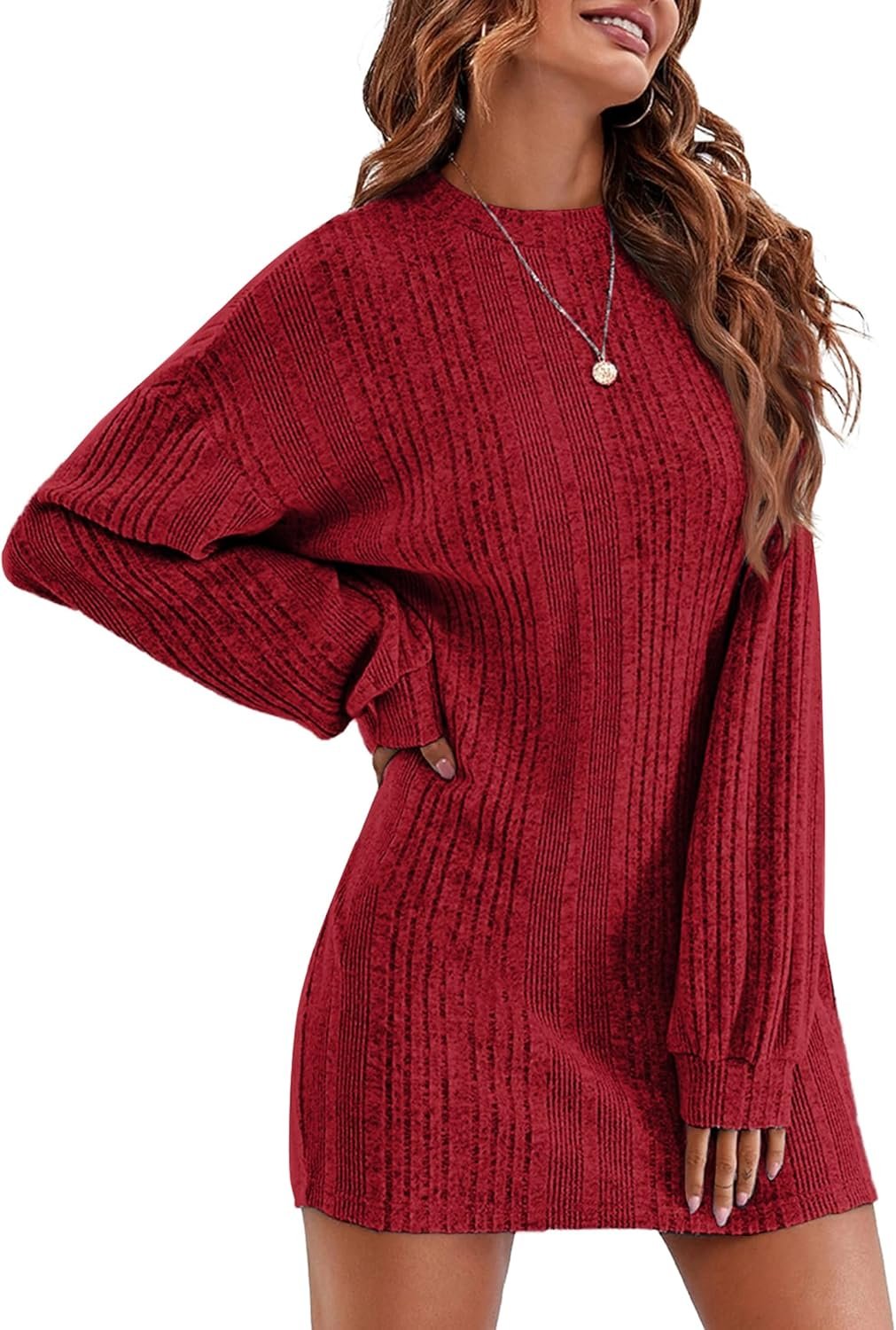 Women's Nightgown Long Sleeve Ribbed Knit Nightshirt Round Neck Sleep Shirt Soft Sweater Dress S-XXL