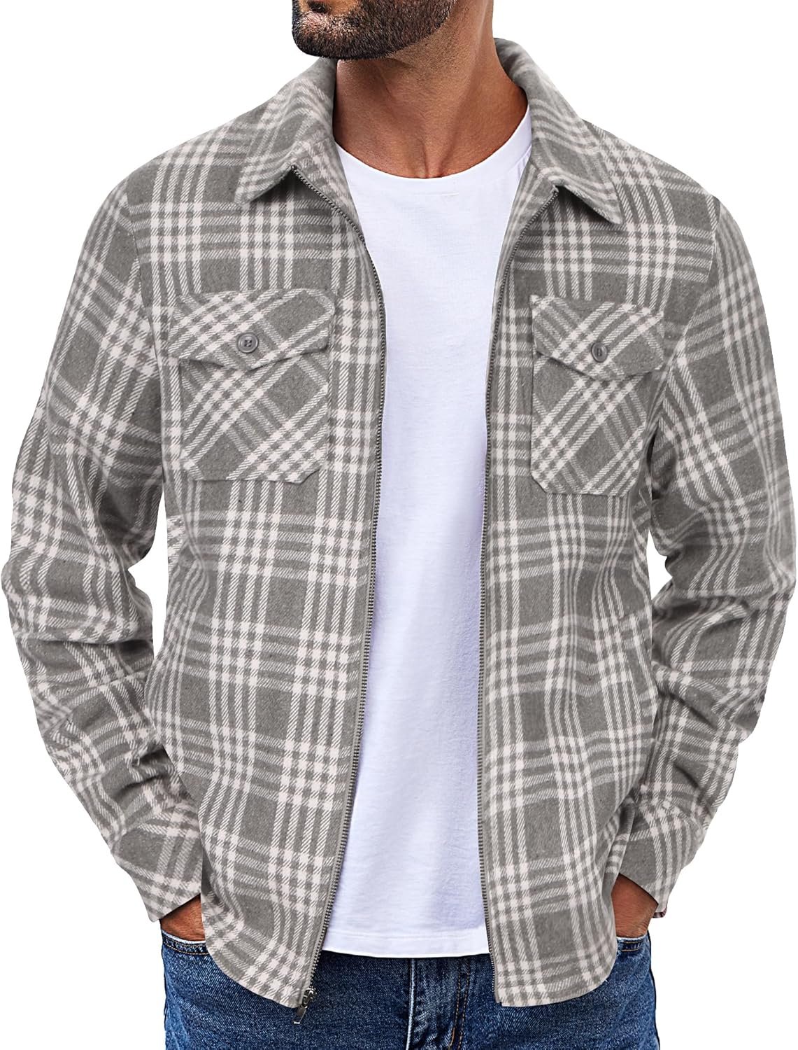 Men Flannel Jackets Full Zip Up Plaid Shirt Shackets Cotton Lightweight Jackets Casual Stylish Fall Jackets 2025