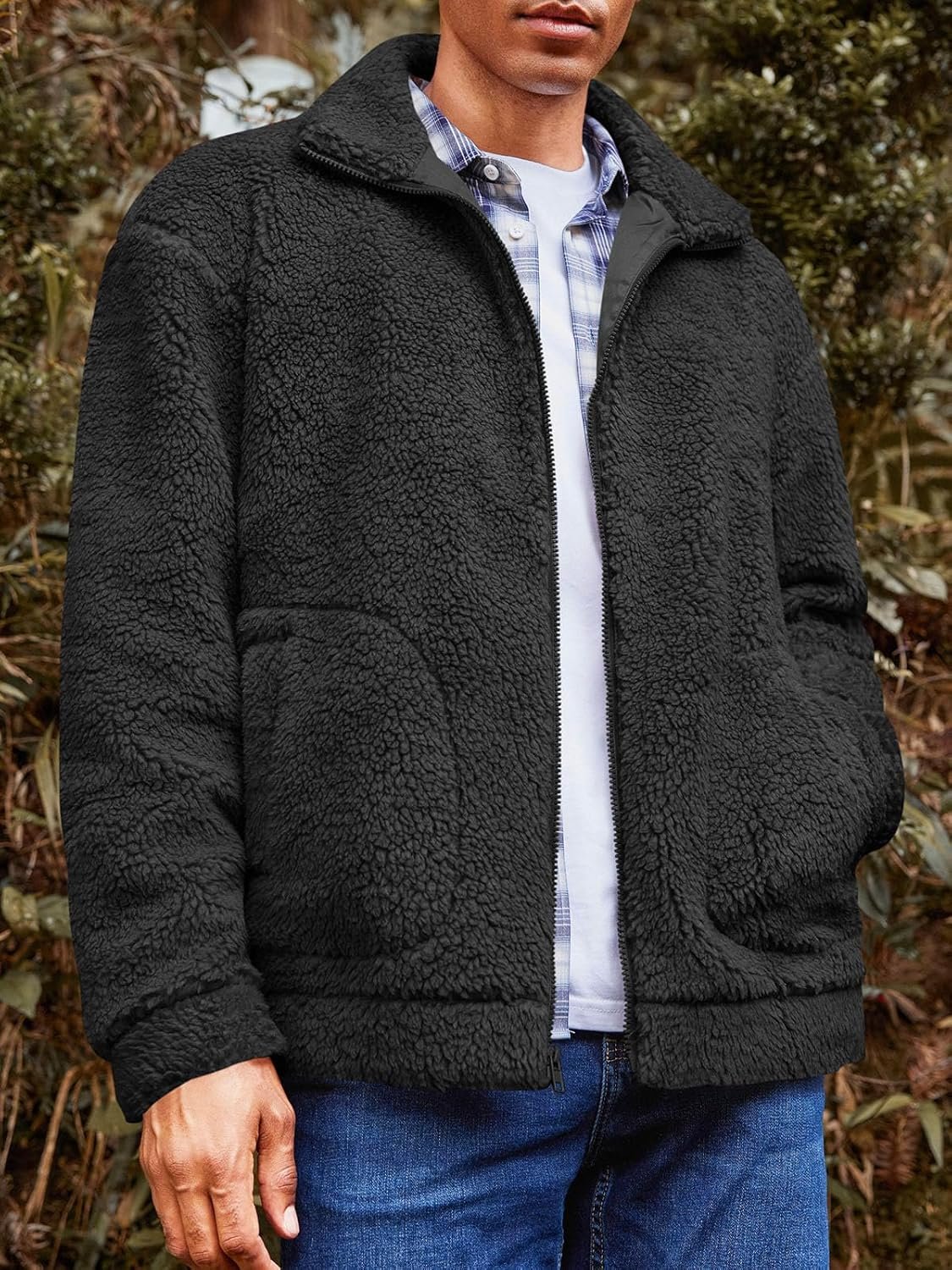 Mens Fuzzy Jacket Long Sleeve Fleece Zip Up Coat Fall Winter Warm Outwear - Image 2